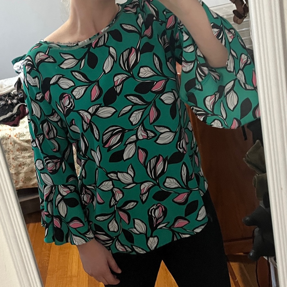 Long sleeve green blouse with pink and white accents
